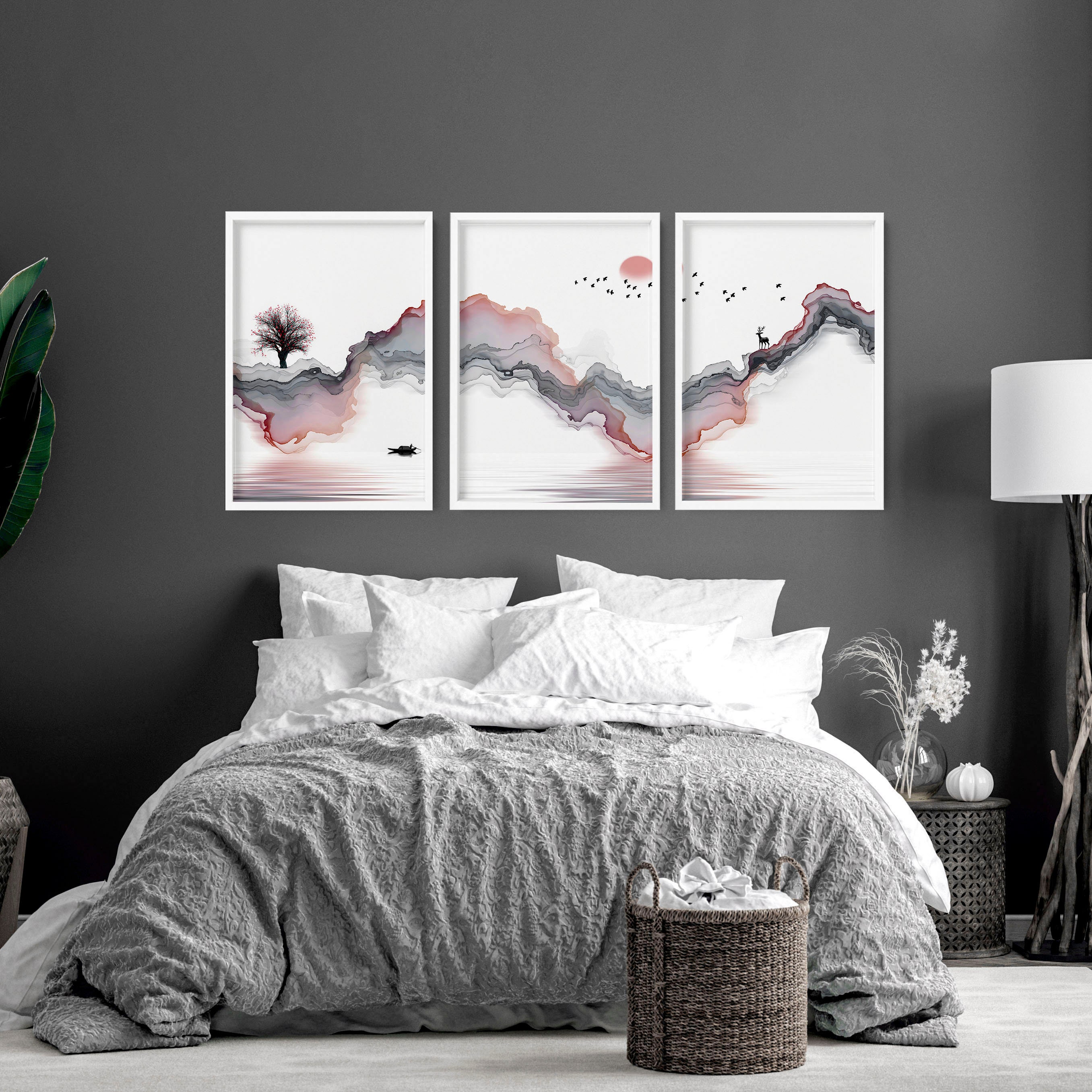 ペン画　30x40cm Japanese Landscape Sunset Set of 3 Framed Wall Art Prints for a