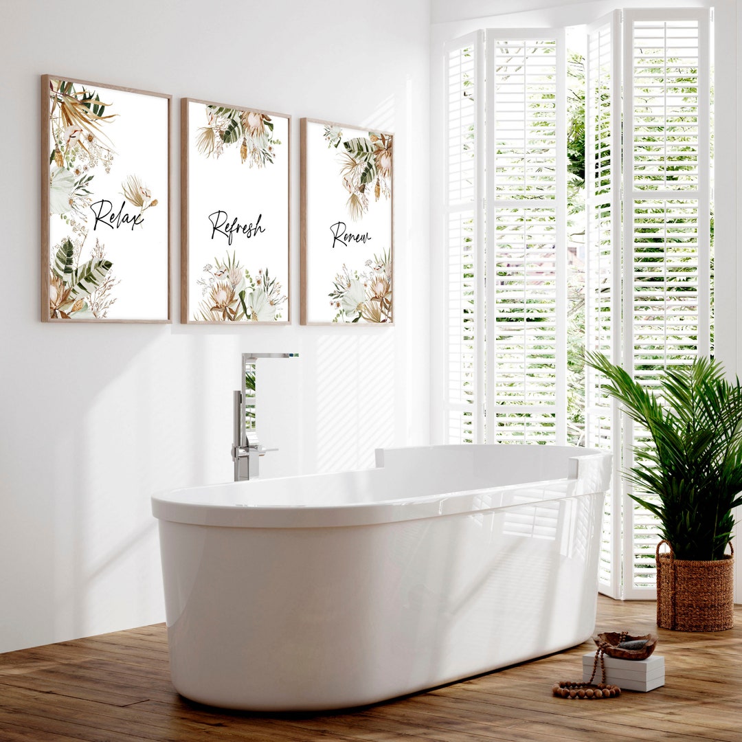 Home Decor Bathroom Art Prints Set of 3, Botanical Tropical Spa Bathroom Decor, Relax Sign ...