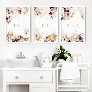 Bathroom decor wall art prints with frames, Botanical French Country 3 piece wall art prints, Shabby Chic relaxing Spa Decor framed art