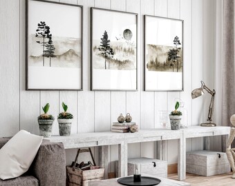 Trendy Nordic Earth Tone set of 3 framed wall art prints for living room decor, Large zen landscape sunset gallery wall art print set
