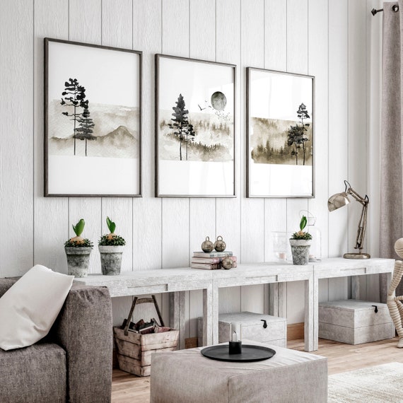 Trendy Nordic Earth Tone set of 3 framed wall art prints for living room decor, Large zen landscape sunset gallery wall art print set