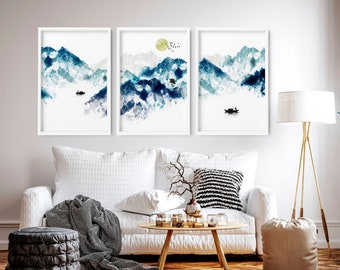 Japanese Painting poster set x 3 prints home decor, Teal calming office decor, South Asian inspired landscape mountains and lake living room