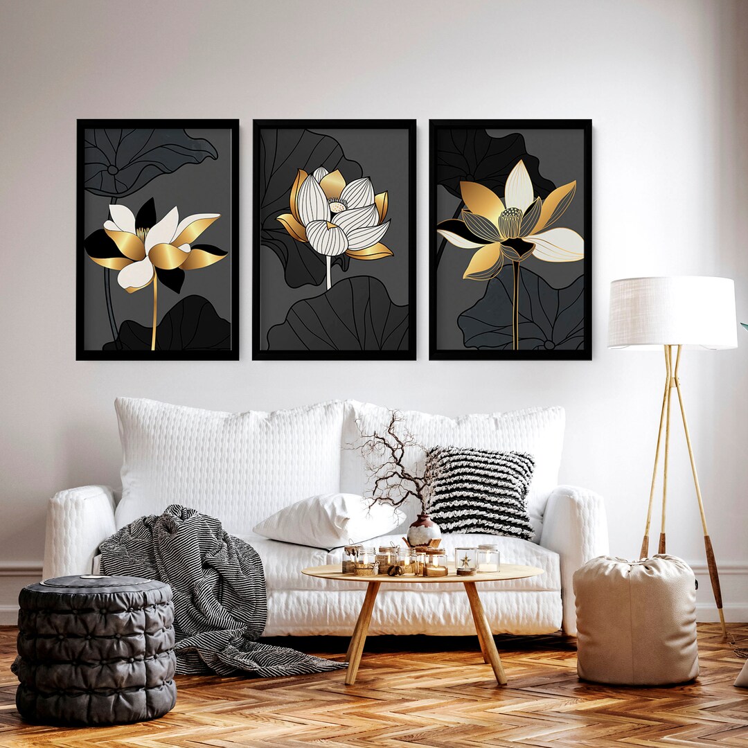 Black and Gold Modern Botanical Set of 3 Framed Wall Art Prints for ...