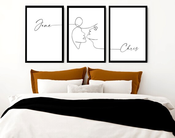 Personalised one year wedding anniversary gift for her, valentines day gift for wife 3 piece wall art  set, custom above bed decor couple