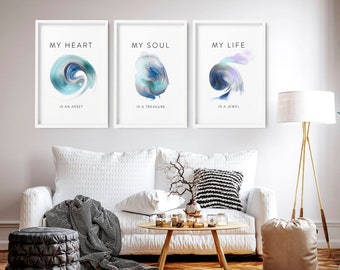 Aura poster framed wall art 3 piece set, Extra large Zen Triptych wall art, speech therapy decor, Daily affirmations living room wall art