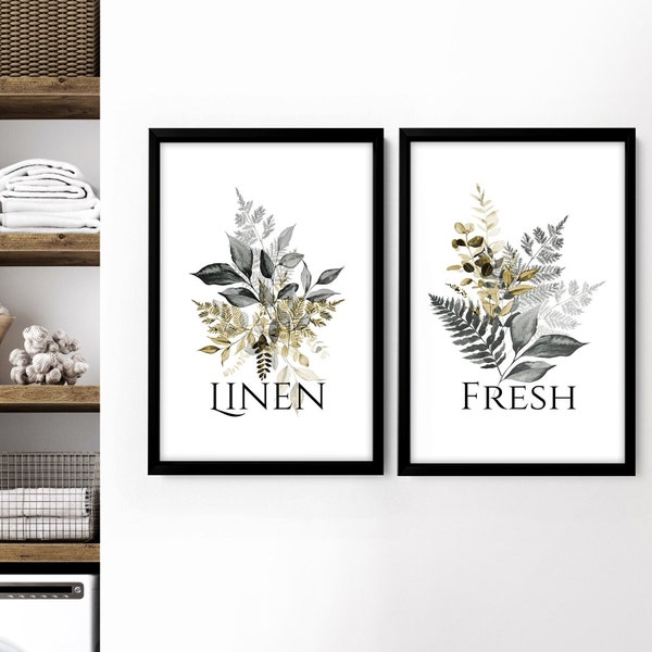 Laundry room Home Decor set of 2 framed wall art prints, Tropical Watercolour Greenery Utility room wall art, Botanical Linen fresh sign