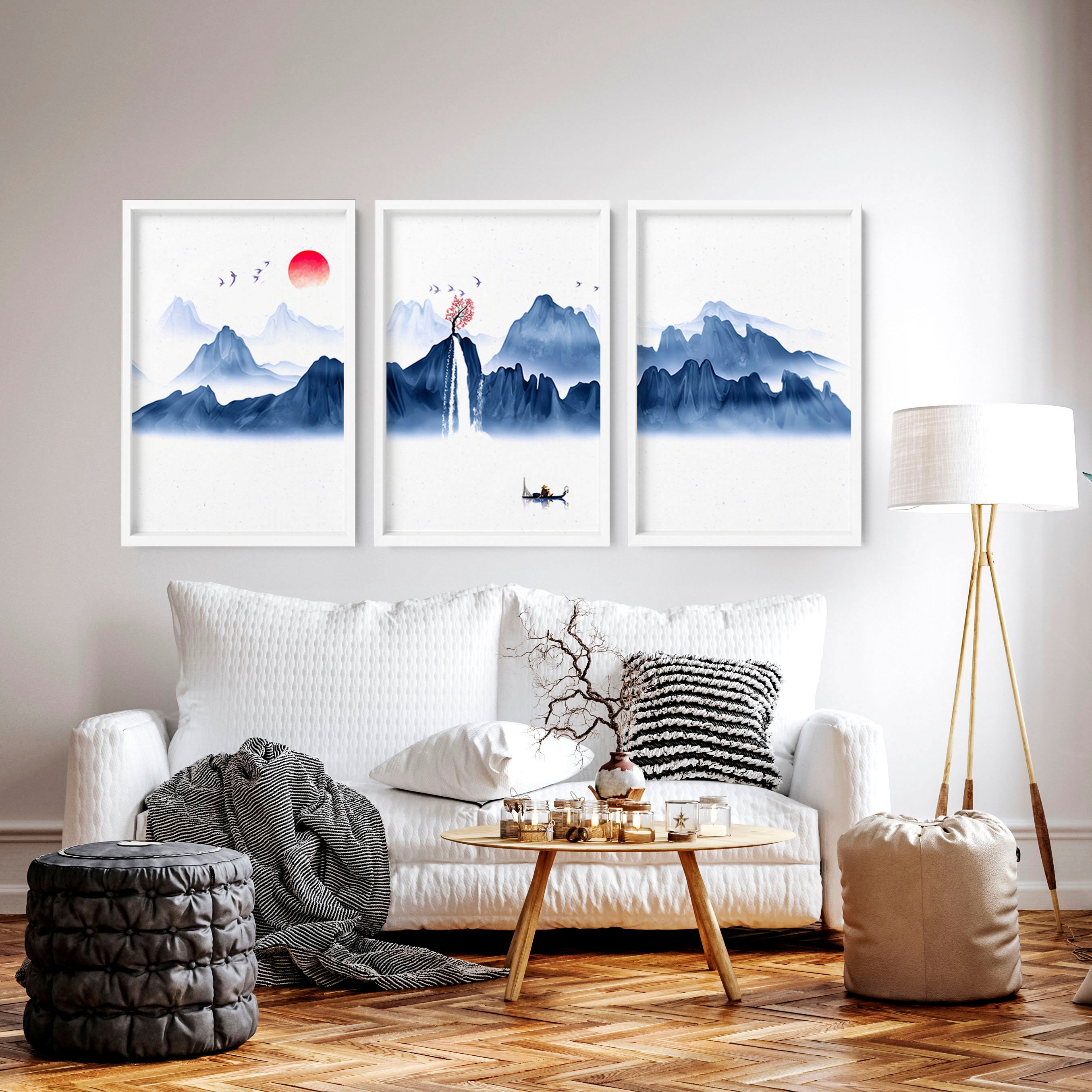 Japanese Blue Landscape Set of 3 Framed Panel Wall Art Prints for