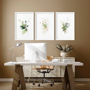 Home Office Decor for women framed 3 piece wall art print Set, Sage Green Watercolor Greenery Designer Wall Art Office Professional Decor