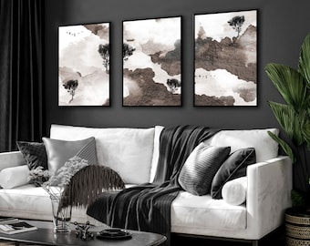 Zen wall art framed 3 piece set, Extra large Triptych Japanese wall art, Mens Japandi calming wall decor living room wall hangings Gallery
