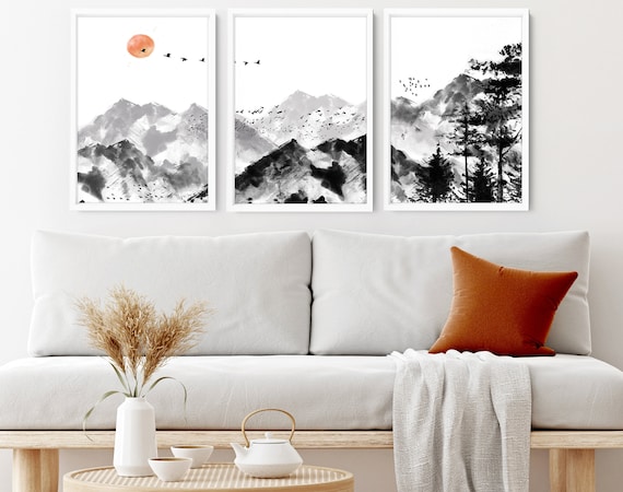Watercolor Minimal Landscape Mountain Set of 3 Prints, Home Decor Wall Art, Above The Bed Wall Art, Wall Hangings Home Office Decor