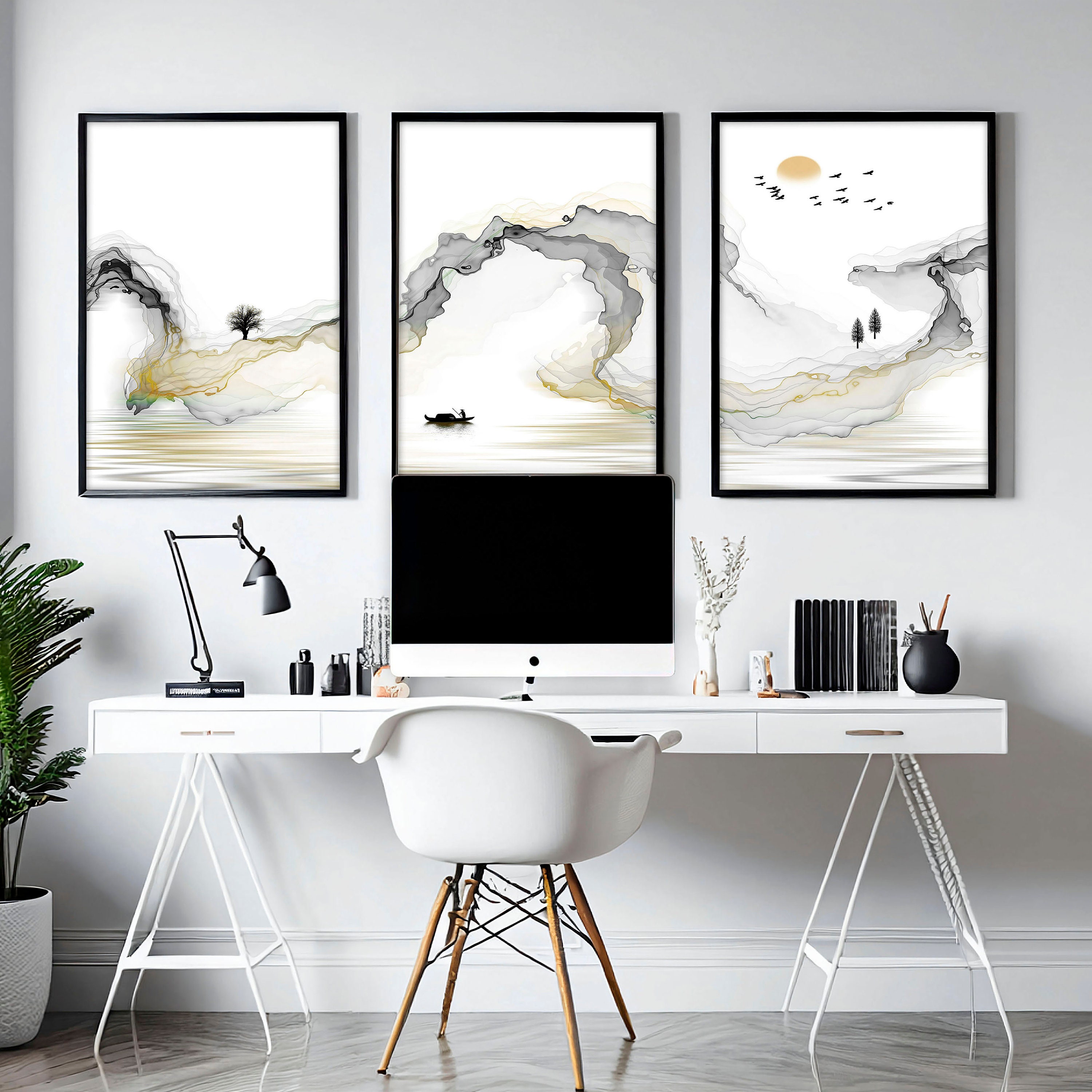 Trendy Zen Calming Office Decor for Men Set of 3 Framed Panel Wall