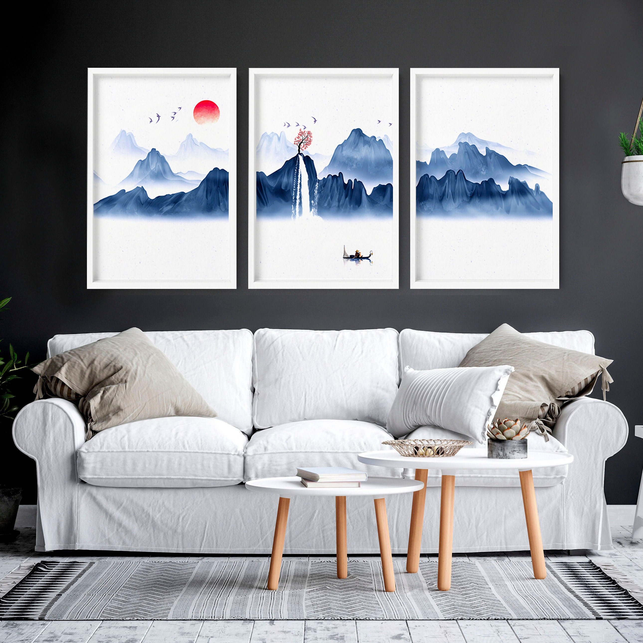 Japanese Blue Landscape Set of 3 Framed Panel Wall Art Prints for