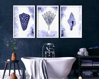 Trendy Coastal framed set of 3 wall art prints for a Mediterranean home decor bathroom and spa, Beach themed wall prints for Toilet Decor
