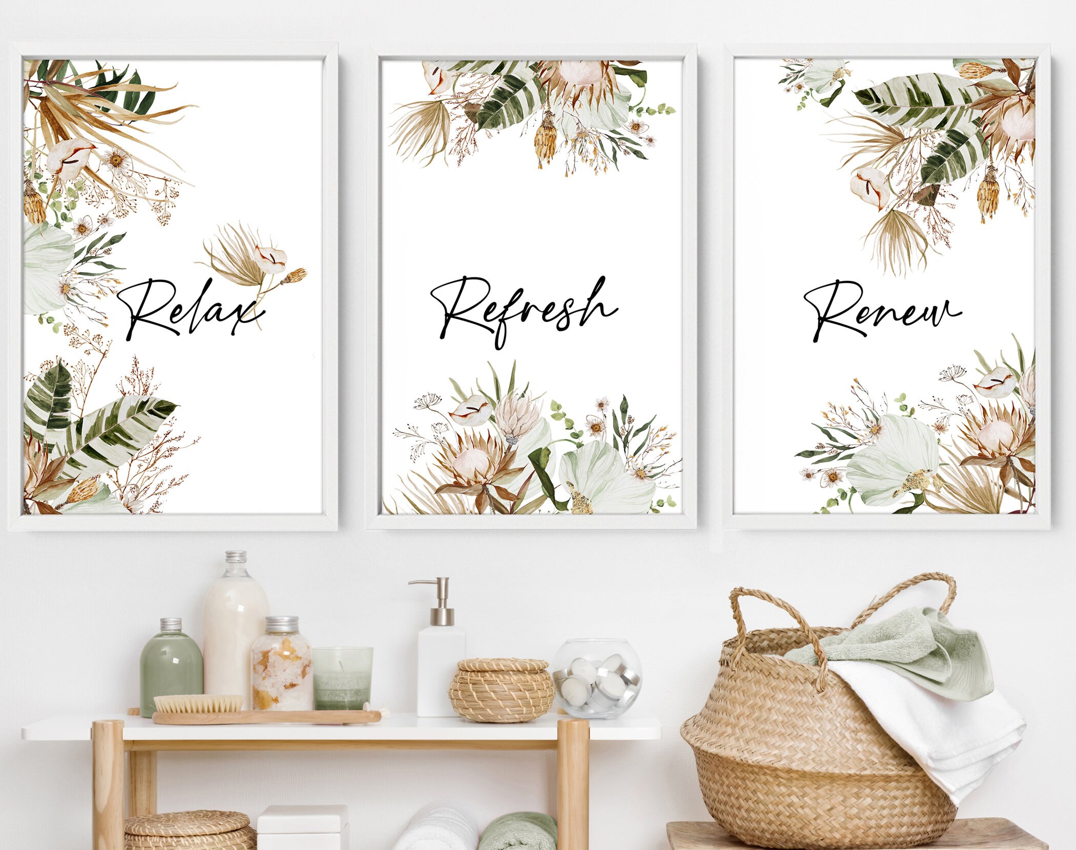 Home Decor Bathroom art prints set of 3 Botanical Tropical | Etsy