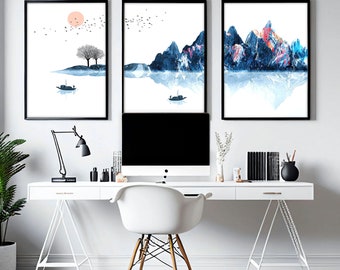 Japandi wall art decor framed 3 piece wall art set artwork for a zen living room, Teal Large relaxing Asian Designer Japan poster art prints