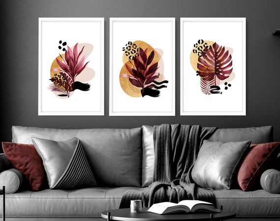 Home Decor wall hanging Set x 3 framed wall art prints for  Living Room, Gold luxury botanical wall decor art prints for Eclectic wall Decor