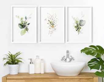 Bathroom decor set of 3 wall art prints, framed wall art prints for toilet, spa decor for walls, relaxation gift for women, botanical prints