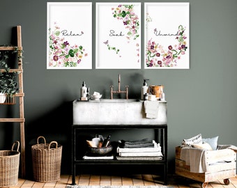Trendy Shabby Chic framed set of 3 wall art prints for bathroom home decor, Botanical Floral wall prints for Toilet and Spa wall Decor