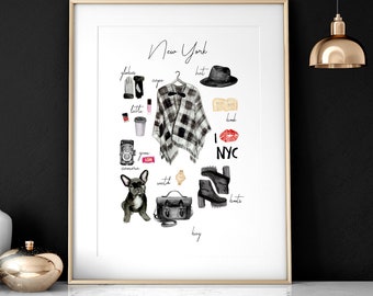 Impressão de arte de parede de ilustração emoldurada de moda da cidade de Nova York, decoração de apartamento de dormitório para universitárias, pôster de arte de moda de camarim, amante da moda
