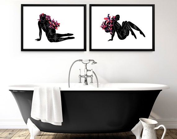 Bathroom decor set of 2 wall art prints, framed wall art prints for toilet, spa decor for walls, relaxation gift for women, boho wall decor