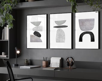 Trendy Abstract set of 3 framed wall art prints, Large Minimalist masculine office desk Decor, Contemporary gallery wall art for Home office