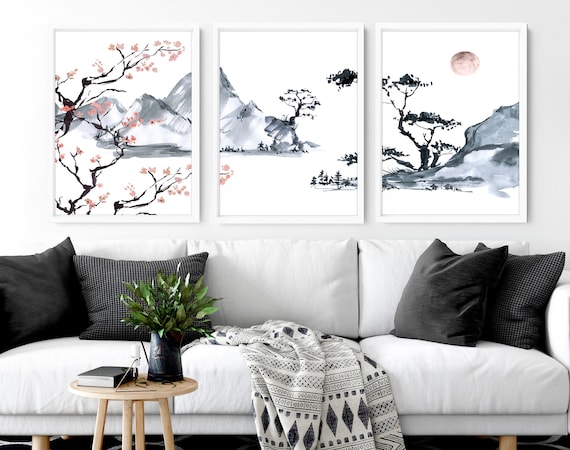 Sunrise trendy watercolour art prints, Cherry Blossom Wall Decor, boho decor bedroom wall art prints set x 3, calming poster, relaxing gift