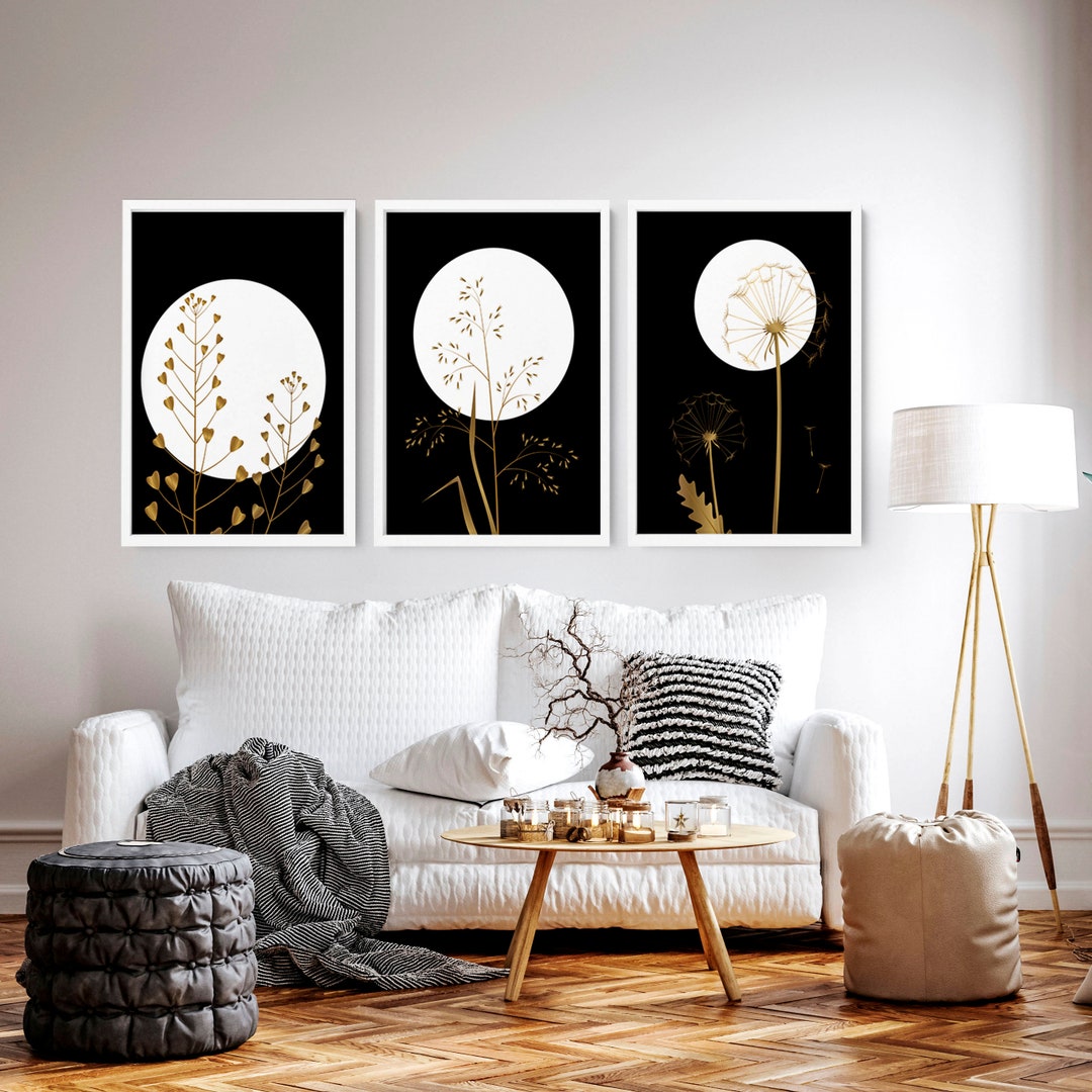 Black Gold Modern Botanical Set of 3 Framed Wall Art Prints for Luxury ...