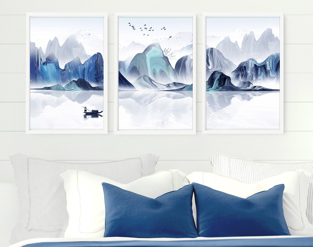 Japanese Teal Calm Set of 3 Framed Wall Art Prints for a Etsy