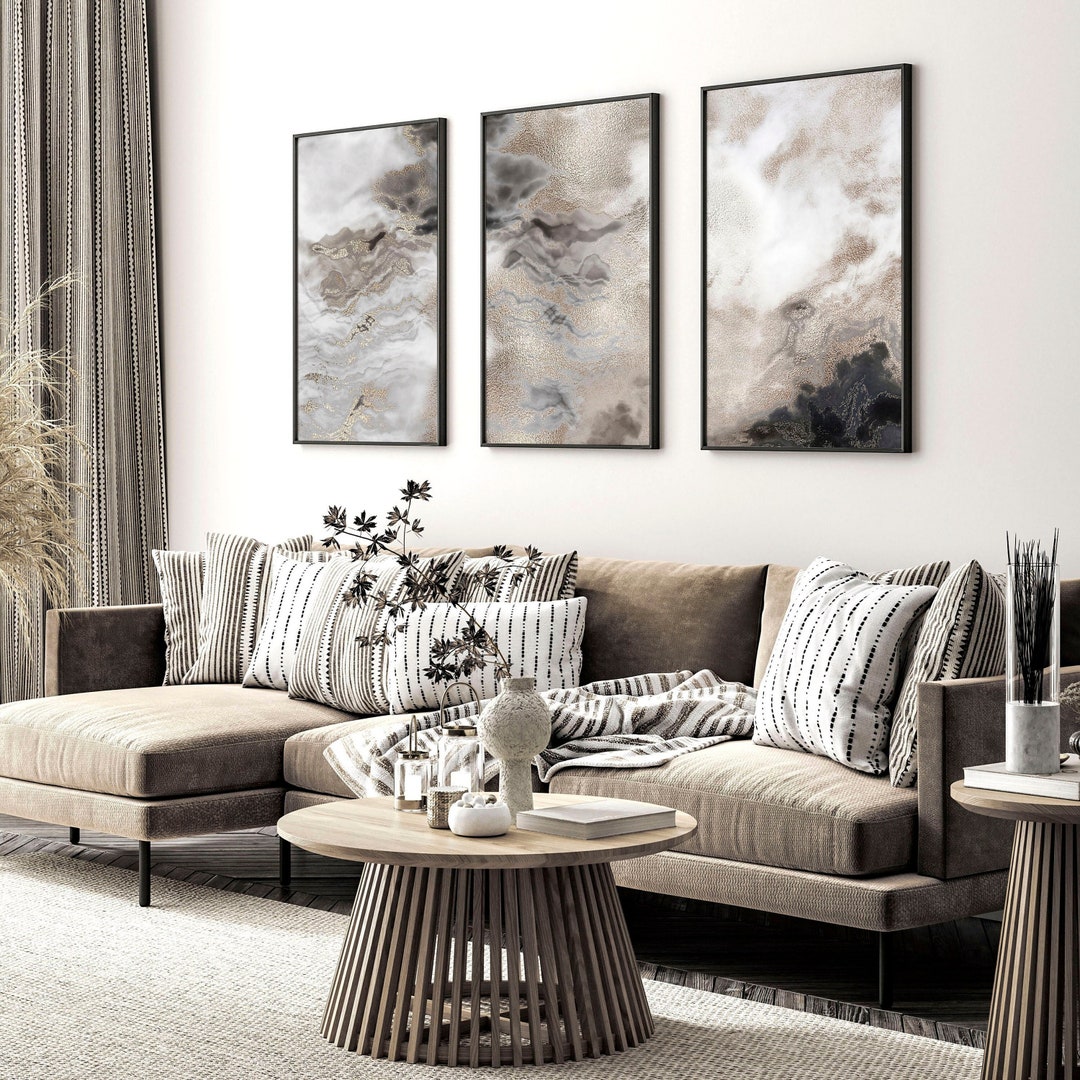 Marble Framed Wall Art Piece Set, Extra Large Abstract Triptych Wall Art,  Mink Grey Pewter Apartment Wall Decor Living Room Wall Hanging