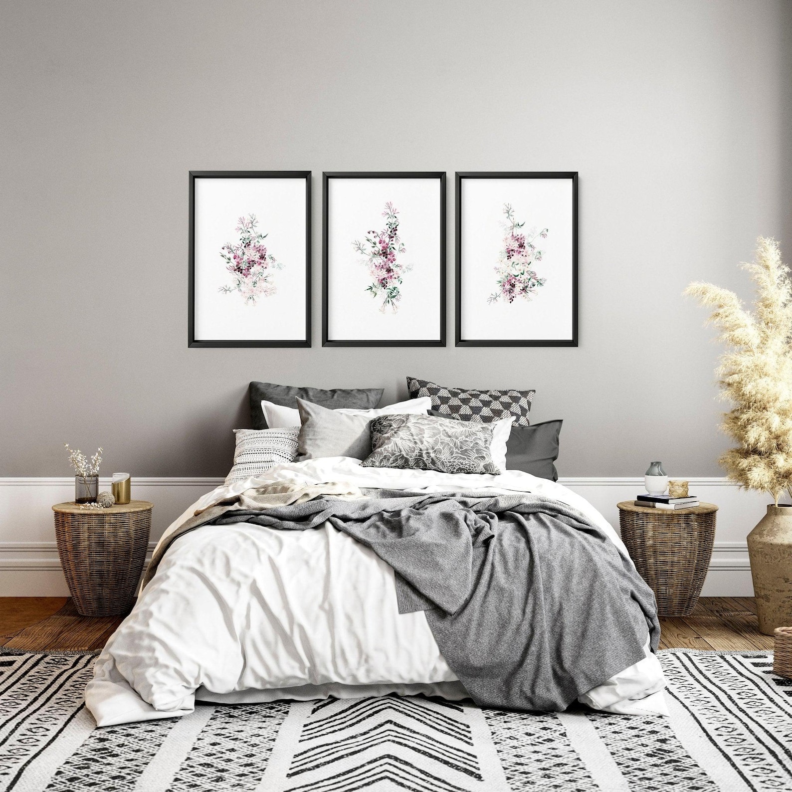 Above Bed Decor Botanical Watercolor Greenery Framed 3 Piece Wall Art ...