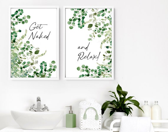 Trendy Botanical framed set of 2 wall art prints for a relaxing home decor bathroom, Moss Green Eucalyptus wall prints for Toilet Spa Decor