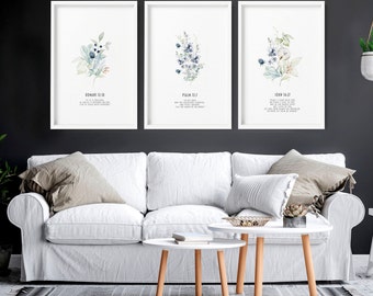 Christian Bible Scripture wall art Prints, Set of 3 Bible Sketches Framed art prints, Aquamarine Botanical Christianity wall art decor