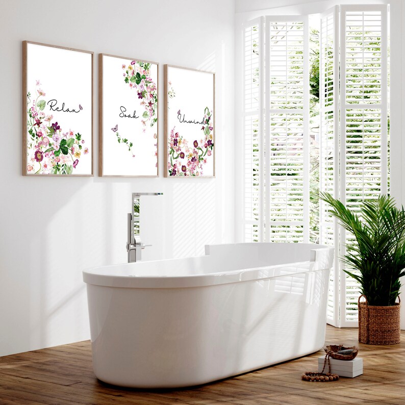 Botanical Floral framed set of 3 wall art prints for a Shabby Chic Bathroom home decor, Relax soak unwind wall prints for Toilet wall Decor