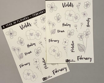 Year in flowers - February Violets line art floral matte sticker sheet