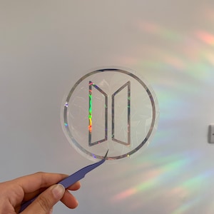 BTS Logo holographic rainbow sun catcher decal sticker, window cling silver chrome sticker, Bangtan inspired