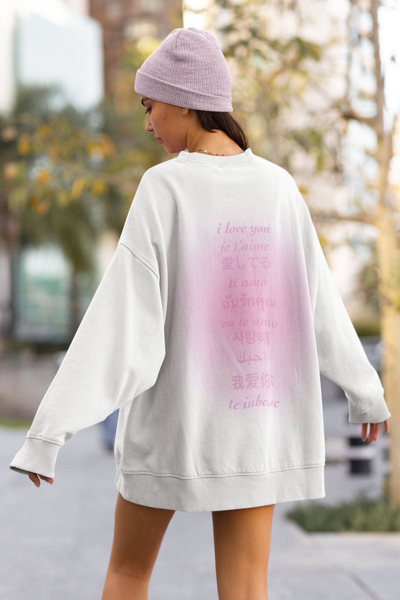 White 'I Love You' Sweatshirt, Pink and White, Languages Hoodie, Unisex, Aesthetic Trendy Retro 2022, Art, Gift, Oversized Jumper, Gradient image 1