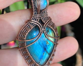 Pretty blue green Labradorite and rainbow moonstone - Vintage, medieval, renaissance, copper,  Victorian, handmade, pendant necklace