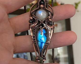 Blue Labradorite, Rainbow Moonstone, Hematite pendant - Vintage, medieval, renaissance, copper, Victorian, handmade, necklace rare