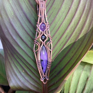 Purple Charoite, Amethyst, and Black Obsidian Natural Pendant - medieval, copper, renaissance, victorian, vintage, stone, handmade
