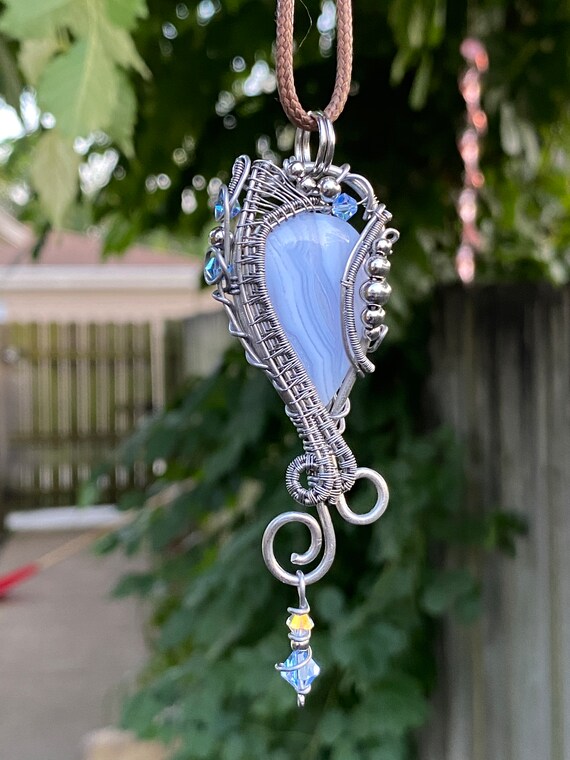 Pretty, Calming, Sparkly, Blue Lace Agate Swarovski Crysal dangle Stainless Steel Pendant necklace, victorian, medieval, silver, handmade