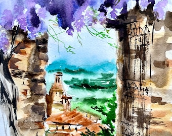 Originele aquarel Italiaans dorp 10 x 6,7 (29 x 18 cm), mediterrane muurkunst, blauweregen bloesems, Toscaans landschap