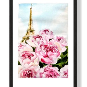 Eiffel tower original painting 11” x 7.5” ,Pink Paris watercolor hand painting, Paris in Spring Peonies blossom artwork, Paris travel lover