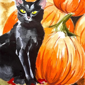 Dipinto ad acquerello di gatto nero: decorazione autunnale con zucca, opera d&#39;arte originale