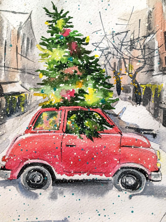 Christmas Tree on Red Car Painting, Painted Christmas Car