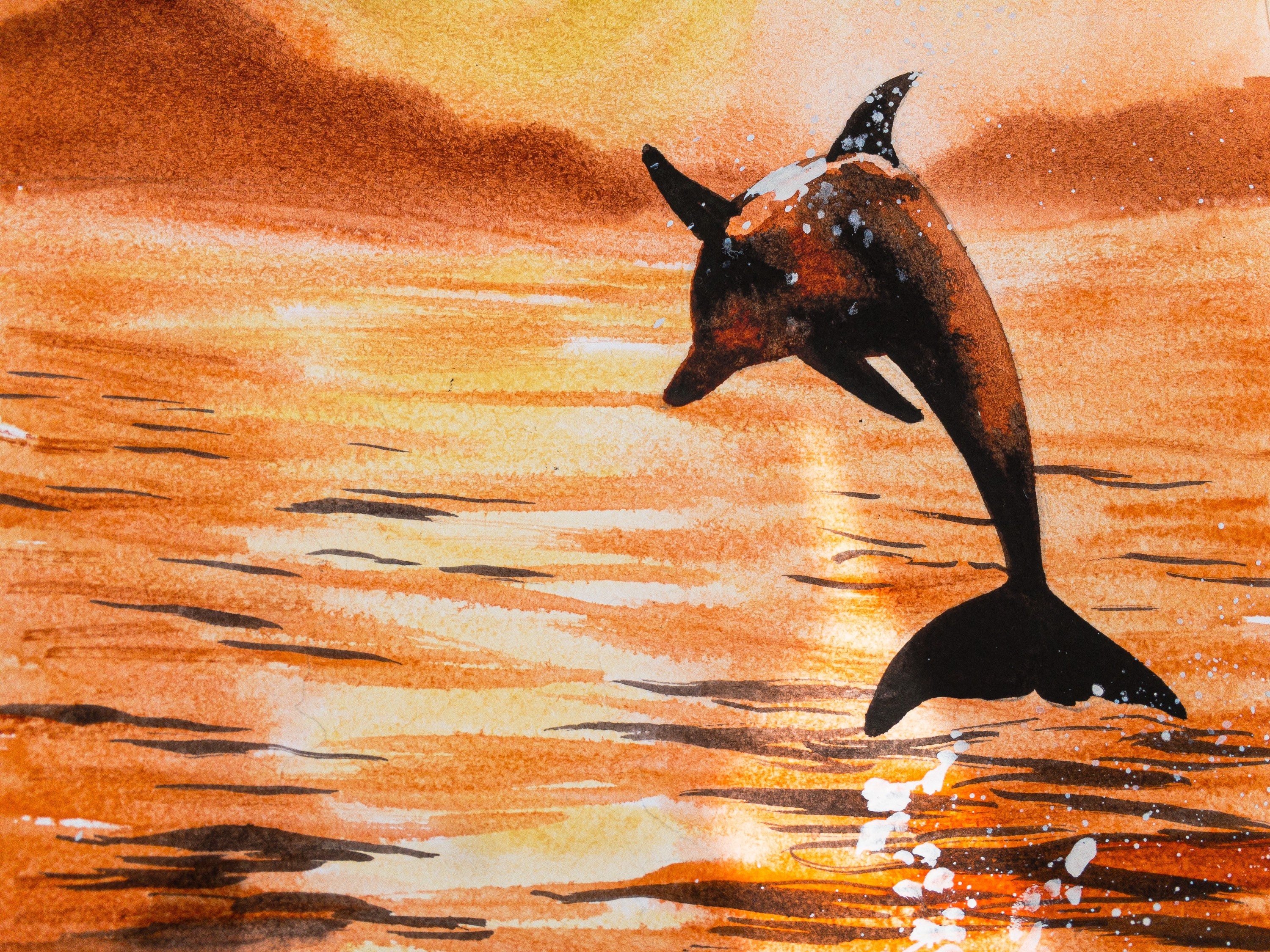 aquarell-handgemalte-springende-delfin-kunst-mit-sch-ner-orange