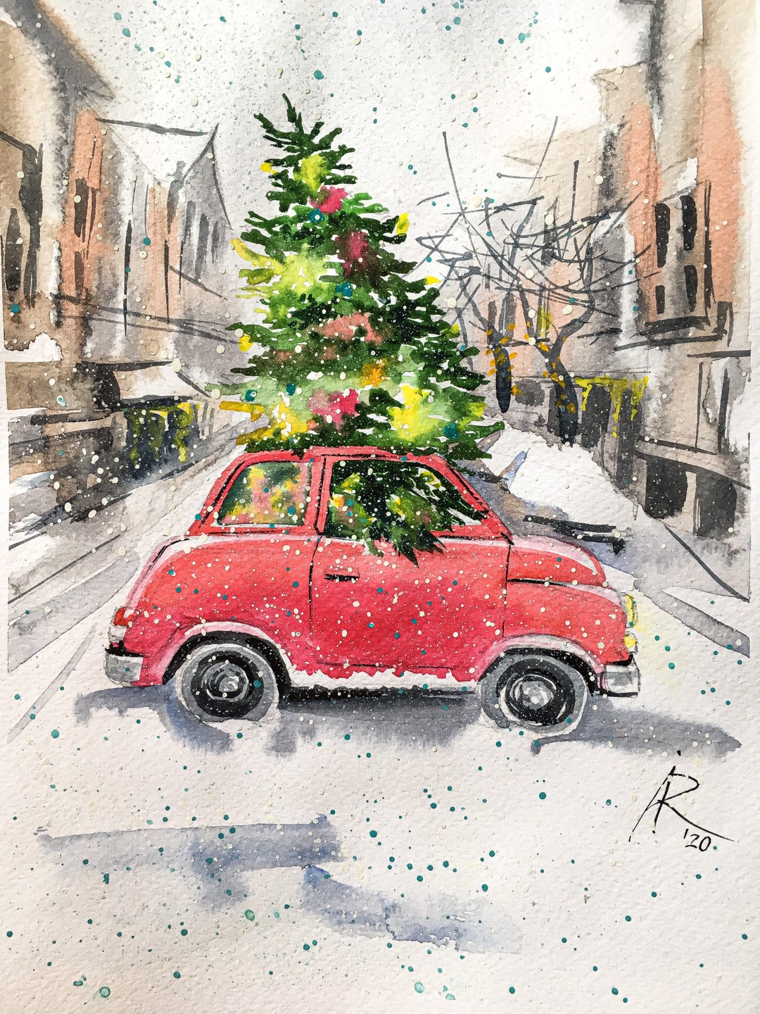 Christmas Tree on Red Car Painting, Painted Christmas Car