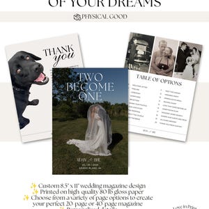 May include: A custom 8.5 inch by 11 inch wedding magazine design printed on 80 lb gloss paper. The layout features a black Labrador, a couple under a veil, and a table of options. Text includes BUILD WEDDING MAGAZINE OF YOUR DREAMS, THANK YOU, TWO BECOME ONE, and AIDAN & BRE.