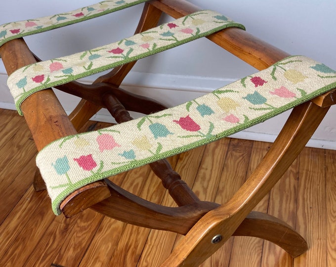 Vintage Luggage Rack With Floral Needlepoint Straps Etsy