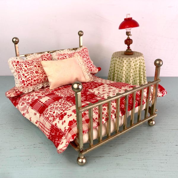 Vintage 1:12 Brass Miniature Dollhouse Bed and Accessories