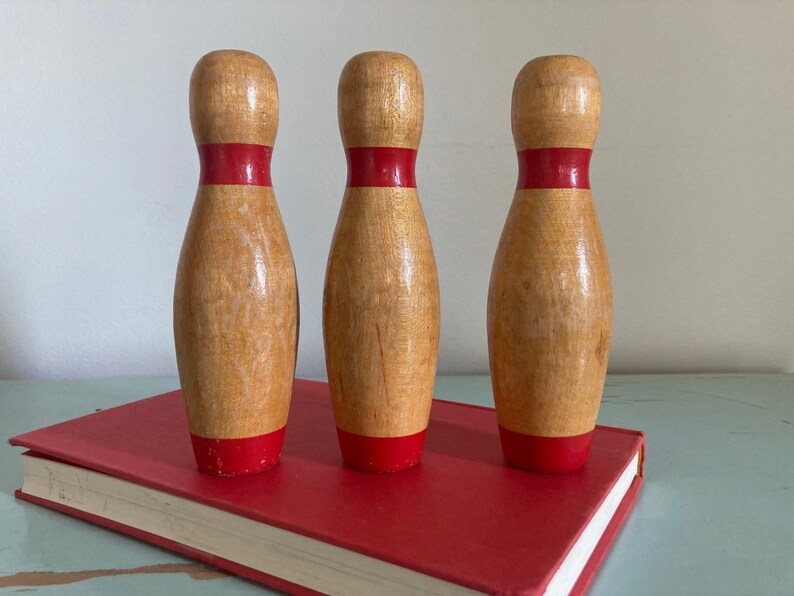 Vintage Wooden Bowling Pins Set of 3 Etsy